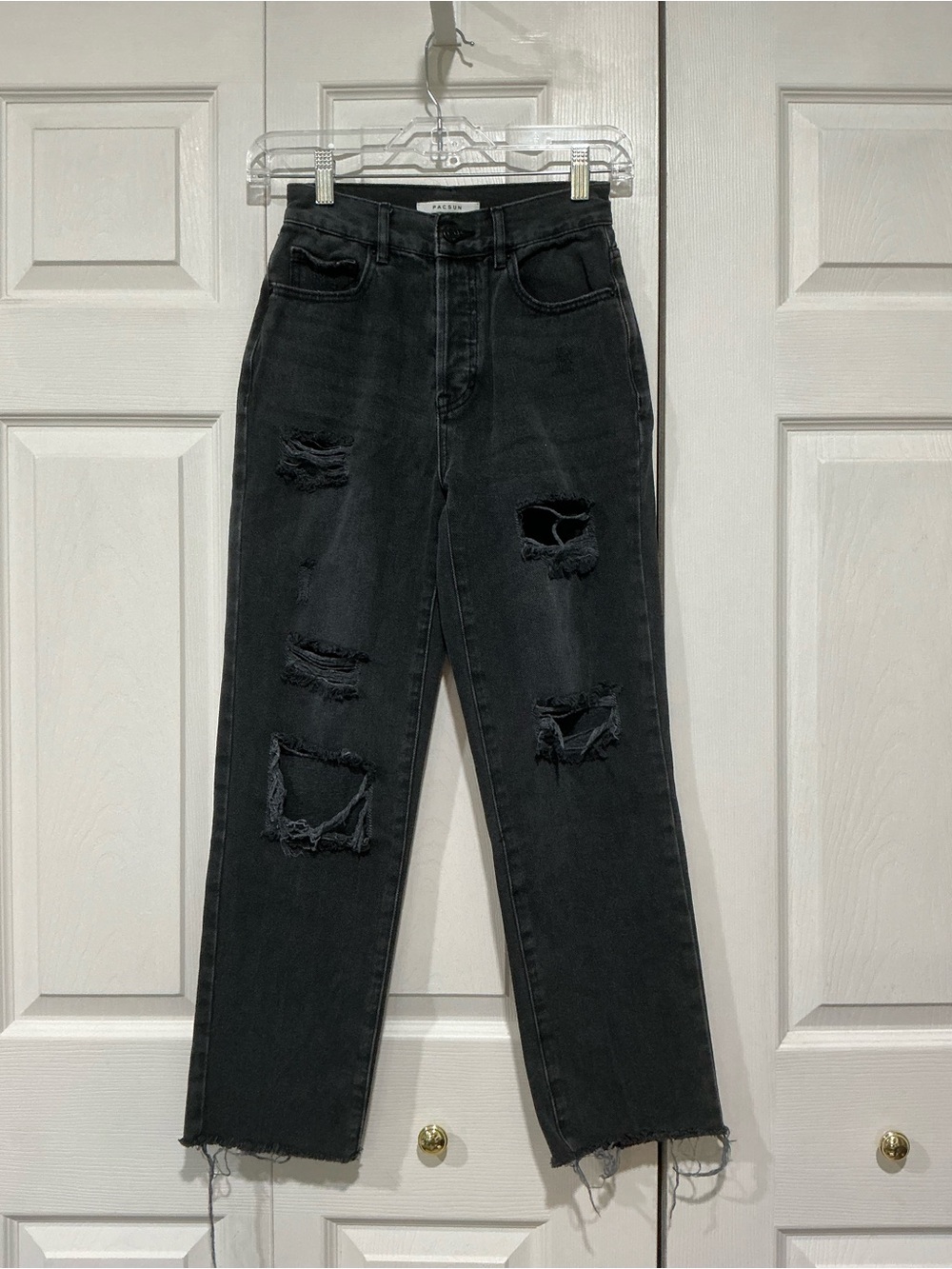 💙 Pacsun High Rise Straight Black Distressed Denim Jeans Raw Hem Size 23 (01538)